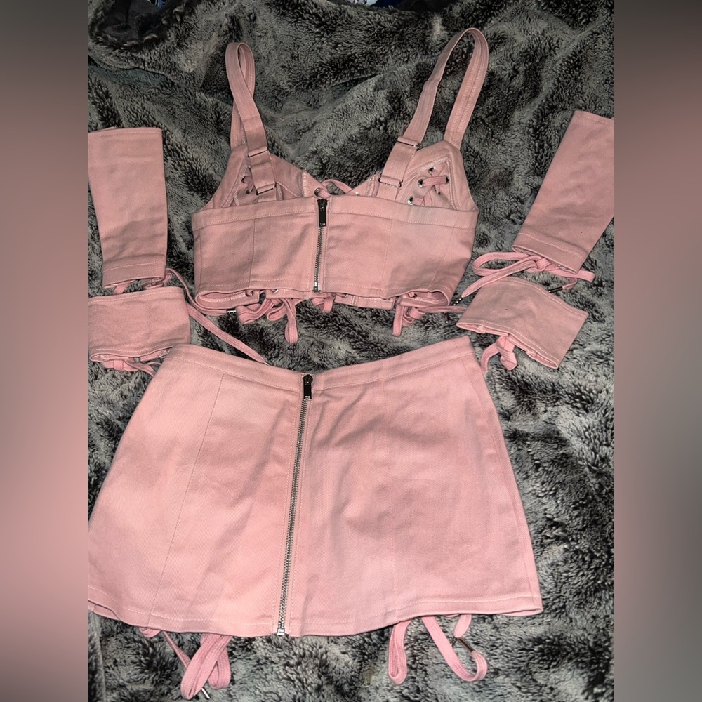 Dolls Kill Club Exx Levels Unlocked Twill Lace Up Crop Top and Skirt Set - Picture 2 of 7
